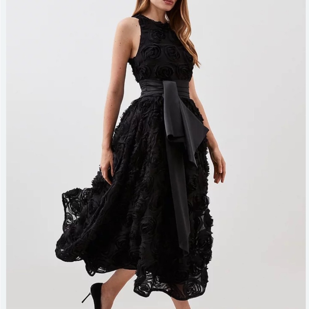 Karen Millen Black Textured Tulle Satin Belt Midi Dress